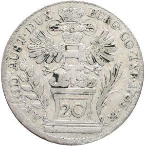 MARIA THERESIA 1740-1780, 20 Kreuzers 1765*x (small) , Silver Ag.583 6,66g 27,3mm KM#1814, With number 20 rouding rounding
