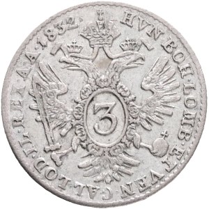 FRANCIS I. of Austria 1792-1835 3 Kreuzers 1832 A Vienna , KM#2121 Billon Ag.346 1,68g 18mm