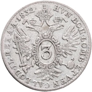 FRANCIS I. of Austria 1792-1835 3 Kreuzers 1832 A Vienna , KM#2121 Billon Ag.346 1,68g 18mm