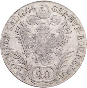 FRANCIS I. of Austria 1792-1835 20 Kreuzers 1806 B, KM#2140 , Ag.583, 6,69g, 27,88/1,45mm, Kremnica