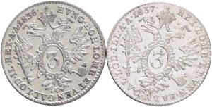 FERDINAND I. 1835-1848 Lot 2 coins 3 Kreuzers 1836,7 A Vienna, KM#2190,1 Billon Ag.346 1,7g, 18,mm 17,8mm