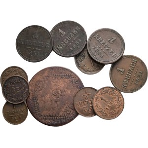 Lot 11 coins Kreuzers 5/10Kreuzer 1859M,V 1 Kreuzer 1851A,B2x,E,G, Centesimo 1852V,1861,1861B, 15 kreuzers 1807B Cooper