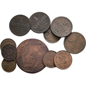 Lot 11 coins Kreuzers 5/10Kreuzer 1859M,V 1 Kreuzer 1851A,B2x,E,G, Centesimo 1852V,1861,1861B, 15 kreuzers 1807B Cooper