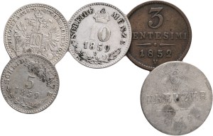 FRANCIS JOSEPH I. 1848-1916 Lot 5 coins 5 Kreuzers 1859 V,6 Kreuzers 1849C, 3 centesimi 1852V, 10 kreuzers 1859V, 1870