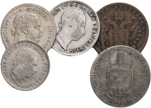 FRANCIS JOSEPH I. 1848-1916 Lot 5 coins 5 Kreuzers 1859 V,6 Kreuzers 1849C, 3 centesimi 1852V, 10 kreuzers 1859V, 1870