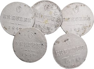 FRANCIS JOSEPH I. 1848-1916 Lot 5 coins 6 Kreuzers 1849 4xA Vienna, 1xC Prague KM#2200 Billon Ag.4375, 1,91g 19,5mm