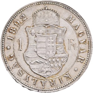 FRANCIS JOSEPH I. 1848-1916 1 Forint 1892 KB KM#469,ÉH#1466 Ag.900, 12,32g 29/2,mm Franz Joseph I. Kremnica , hair lines