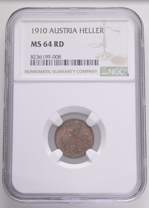 FRANCIS JOSEPH I. 1848-1916 1 Heller 1910 KM#2800 Bronze 1,66g, 17mm, Vienna, NGC8236199-008