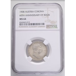 FRANCIS JOSEPH I. 1848-1916 1 Corona 1908, Reign FJI. KM#2808 Ag.835 5g, 23/1,5mm Vienna NGC 8360463-015