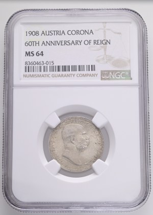 FRANCIS JOSEPH I. 1848-1916 1 Corona 1908, Reign FJI. KM#2808 Ag.835 5g, 23/1,5mm Vienna NGC 8360463-015
