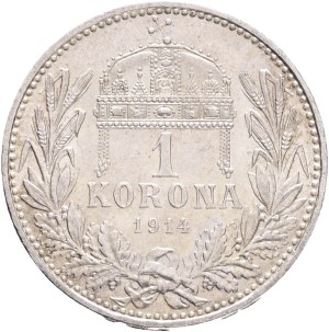 FRANCIS JOSEPH I. 1848-1916 1 Corona 1914 KB, KM#492, ÉH#1495 Ag.835 5,09g, 23/1,5mm, Kremnica