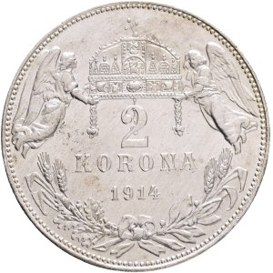 FRANCIS JOSEPH I. 1848-1916 2 Corona 1914 KB, KM#493 Ag.835 10g 27/2mm, Kremnica R!