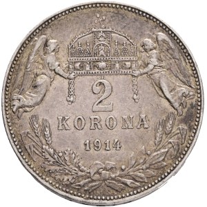 FRANCIS JOSEPH I. 1848-1916 2 Corona 1914 KB, KM#493 Ag.835 10g 27/2mm, Kremnica R! patina