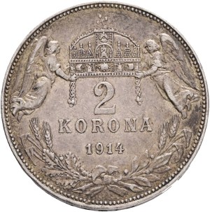 FRANCIS JOSEPH I. 1848-1916 2 Corona 1914 KB, KM#493 Ag.835 10g 27/2mm, Kremnica R! patina