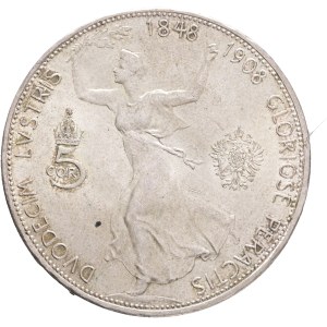 FRANCIS JOSEPH I. 1848-1916 5 Corona 1908, mintage for the anniversary of 60. years on the throne, KM#2809 Ag.900 24,04g 36mm