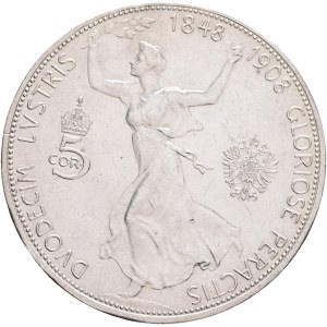 FRANCIS JOSEPH I. 1848-1916 5 Corona 1908, mintage for the anniversary of 60. years on the throne, KM#2809 Ag.900 24,05g 36mm