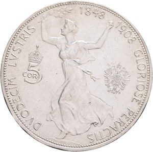 FRANCIS JOSEPH I. 1848-1916 5 Corona 1908, mintage for the anniversary of 60. years on the throne, KM#2809 Ag.900 24,05g 36mm