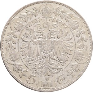 FRANCIS JOSEPH I. 1848-1916 5 Corona 1909 Schwartz Vienna, KM#2813 Silver Ag.900 23,92g 36/2,6mm