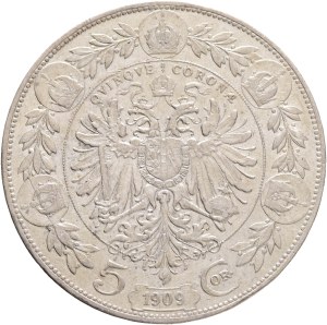 FRANCIS JOSEPH I. 1848-1916 5 Corona 1909 Schwartz Vienna, KM#2813 Silver Ag.900 23,92g 36/2,6mm