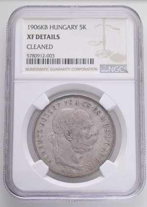 FRANCIS JOSEPH I. 1848-1916 5 Corona 1906 KB, KM#488, ÉH#1492 Ag.900 24g 36/2,6mm, Kremnica RRR! NGC 5780912-003