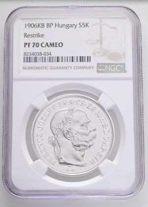 FRANCIS JOSEPH I. 1848-1916 5 Corona 1906/2023 KB, Restrike-Budapest Ag.999 24,4g 36/2,6mm NGC8234038-034