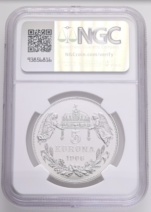 FRANCIS JOSEPH I. 1848-1916 5 Corona 1906/2023 KB, Restrike-Budapest Ag.999 24,4g 36/2,6mm NGC8234038-034
