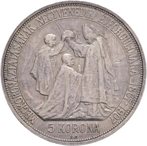 FRANCIS JOSEPH I. 1848-1916 5 Corona 1907 K.B.Kremnica, 40th Anniversary of the Coronation FJI. King of Hungary, KM#489, ÉH#1493 Silver Ag.900 23,99g 36/2,6mm, Edge !BIZALMAM AZ ŐSI ERÉNYBEN