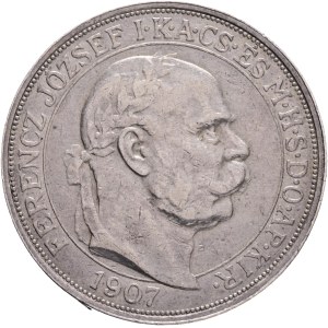 FRANCIS JOSEPH I. 1848-1916 5 Corona 1907 K.B.Kremnica, 40th Anniversary of the Coronation FJI. King of Hungary, KM#489, ÉH#1493 Silver Ag.900 23,99g 36/2,6mm, Edge !BIZALMAM AZ ŐSI ERÉNYBEN