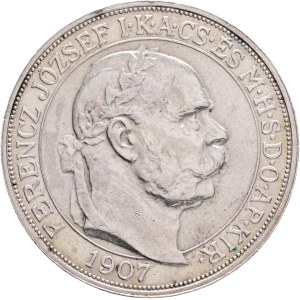 FRANCIS JOSEPH I. 1848-1916 5 Corona 1907 K.B.Kremnica, 40th Anniversary of the Coronation FJI. King of Hungary, KM#489, ÉH#1493 Silver Ag.900 23,99g 36/2,6mm, Edge !BIZALMAM AZ ŐSI ERÉNYBEN