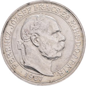 FRANCIS JOSEPH I. 1848-1916 5 Corona 1907 K.B.Kremnica, 40th Anniversary of the Coronation FJI. King of Hungary, KM#489, ÉH#1493 Silver Ag.900 23,99g 36/2,6mm, Edge !BIZALMAM AZ ŐSI ERÉNYBEN