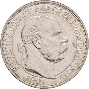 FRANCIS JOSEPH I. 1848-1916 5 Corona 1907 K.B.Kremnica, 40th Anniversary of the Coronation FJI. King of Hungary, KM#489, ÉH#1493 Silver Ag.900 23,99g 36/2,6mm, Edge !BIZALMAM AZ ŐSI ERÉNYBEN