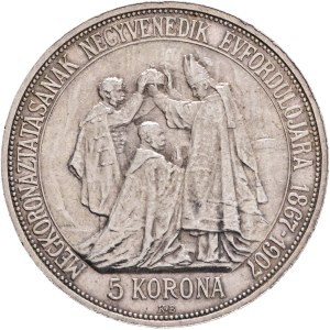 FRANCIS JOSEPH I. 1848-1916 5 Corona 1907 K.B.Kremnica, 40th Anniversary of the Coronation FJI. King of Hungary, KM#489, ÉH#1493 Silver Ag.900 23,99g 36/2,6mm, Edge !BIZALMAM AZ ŐSI ERÉNYBEN