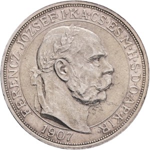 FRANCIS JOSEPH I. 1848-1916 5 Corona 1907 K.B.Kremnica, 40th Anniversary of the Coronation FJI. King of Hungary, KM#489, ÉH#1493 Silver Ag.900 23,99g 36/2,6mm, Edge !BIZALMAM AZ ŐSI ERÉNYBEN