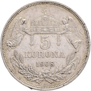 FRANCIS JOSEPH I. 1848-1916 5 Corona 1908 K.B.Kremnica, KM#488, ÉH#1492 Ag.900 24g 36/2,6mm hair lines