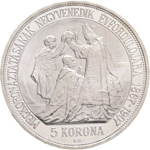 FRANCIS JOSEPH I. 1848-1916 mintage ARTEX the 60s of the 20th century 5 Corona 1907 Coronation without U.P., Ag.900 24g 36mm , Edge !!!BIZALMAM AZ ŐSI ERÉNYBEN, small place patina