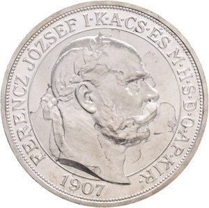 FRANCIS JOSEPH I. 1848-1916 mintage ARTEX the 60s of the 20th century 5 Corona 1907 Coronation without U.P., Ag.900 24g 36mm , Edge !!!BIZALMAM AZ ŐSI ERÉNYBEN, small place patina