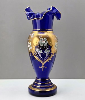 Large cobalt crystal glass vase hand decorated - Bohemia