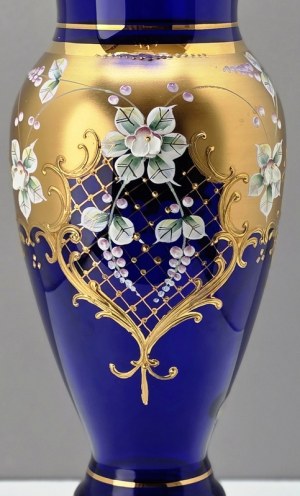 Large cobalt crystal glass vase hand decorated - Bohemia