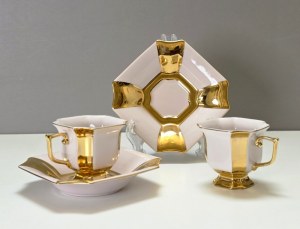 Pair of gilded mocha cups - pink porcelain - tête-à-tête 1970s