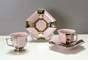 Pair of silver-plated mocha cups - pink porcelain - tête-à-tête 1970s
