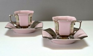Pair of silver-plated mocha cups - pink porcelain - tête-à-tête 1970s