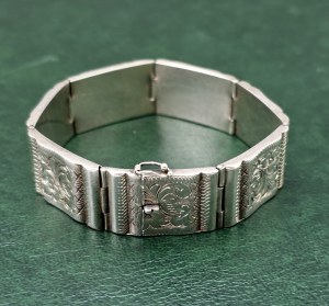 Art Deco style silver bracelet with handmade floral engraving [ silver ].