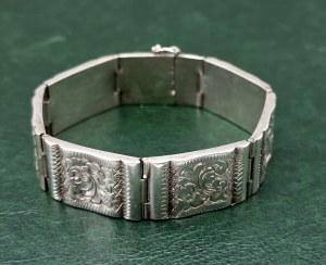 Art Deco style silver bracelet with handmade floral engraving [ silver ].