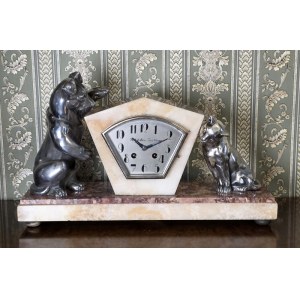 Zegar kominkowy Art Deco z figurami psa i kota