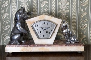 Art Deco mantel clock with dog and cat figures