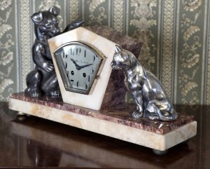 Art Deco mantel clock with dog and cat figures