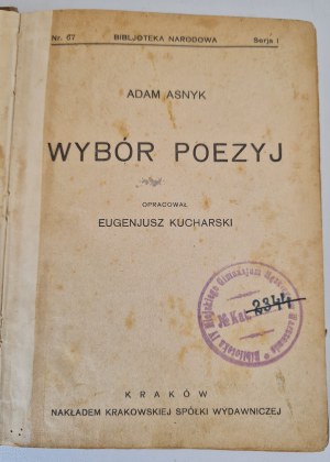 ASNYK Adam - WYBÓR POEZYJ Narodowa Biblioteka Narodowa nr.67, Serja I, wyd.1924
