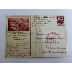 POCZTÓWKA WILNO VILNIUS LITWA GEDIMINO KALNO STEMPEL SWASTYKA 1940 R, ZGIĘTA W POŁOWIE