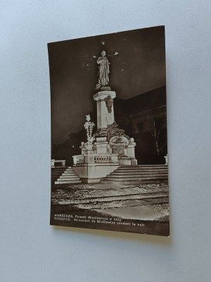 POSTCARD WARSAW MICKIEWICZ MONUMENT AT NIGHT, DAMAGED
