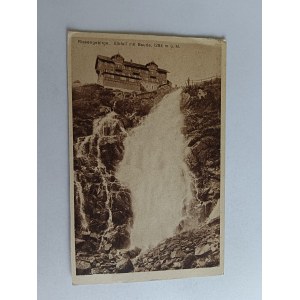 POCZTÓWKA KARKONOSZE RIESENGEBIRGE SCHRONISKO WODOSPAD, STEMPEL, ZNACZEK 1925 R